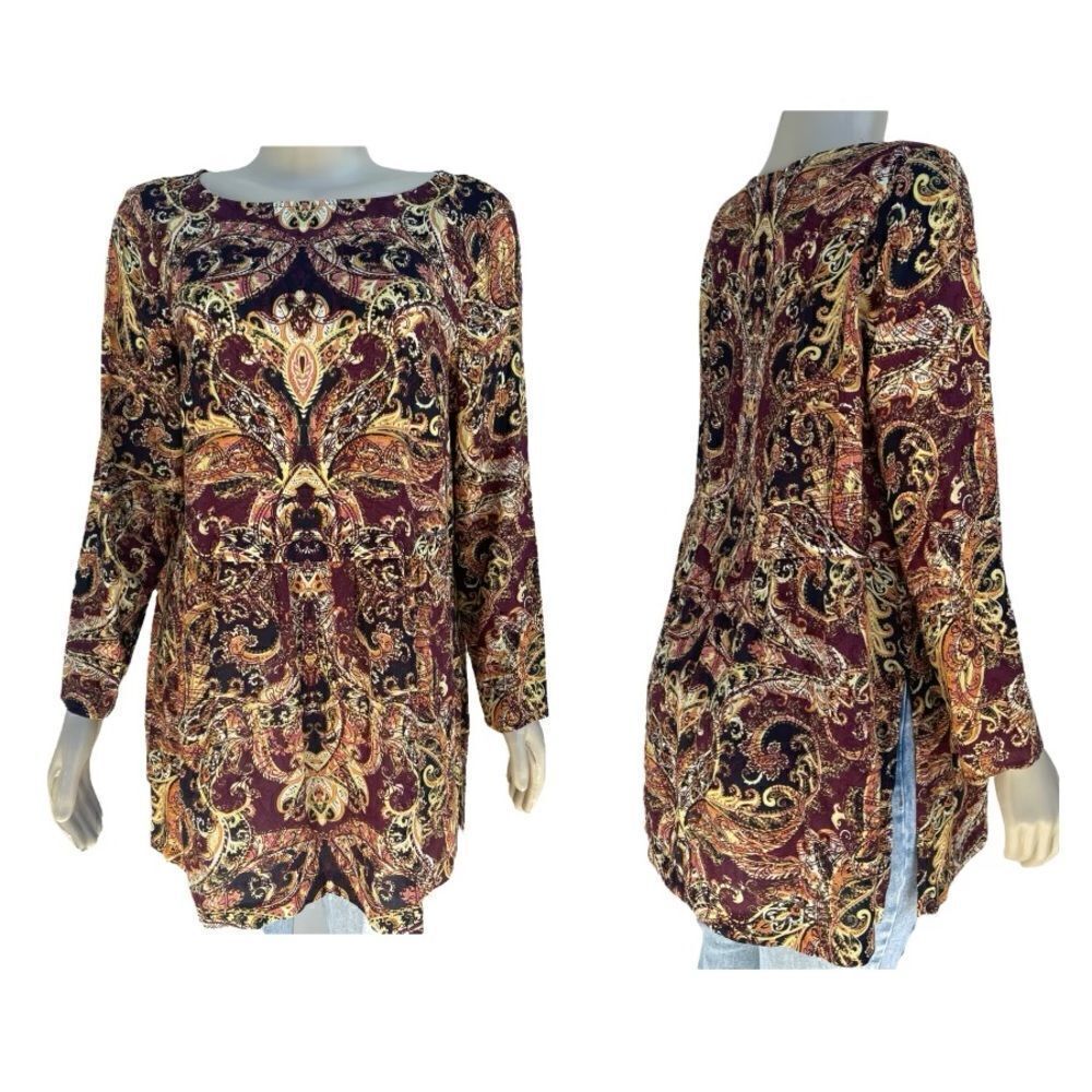 J Jill‎ Womens Paisley Tunic Top Medium Petite Brown Multicolor Pullover Boho